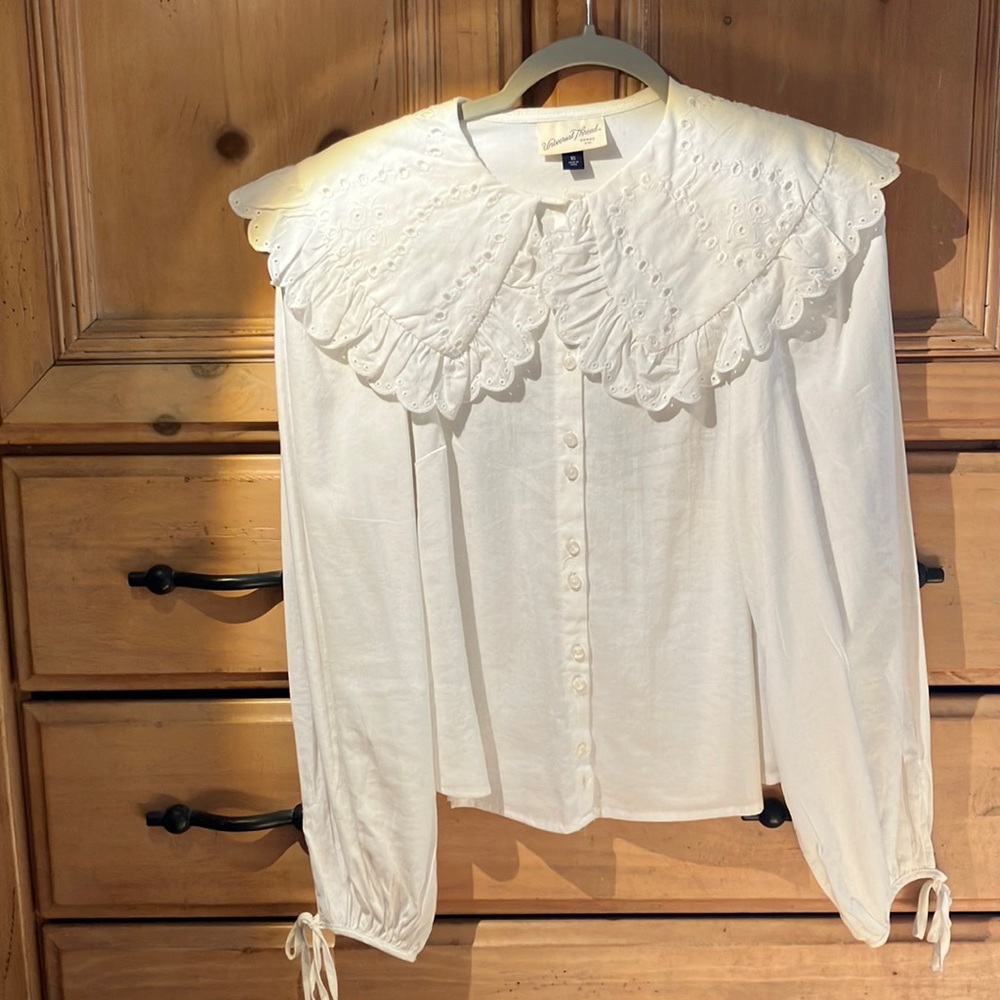Eyelet Peter Pan Collar Blouse with Ruffle, White, XS
